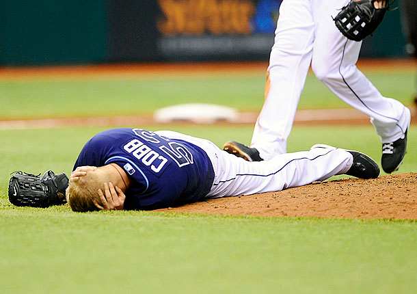 Tampa Bay's Alex Cobb is just the latest in a host of pitchers to be injured off a hit. (Brian Blanco/AP)